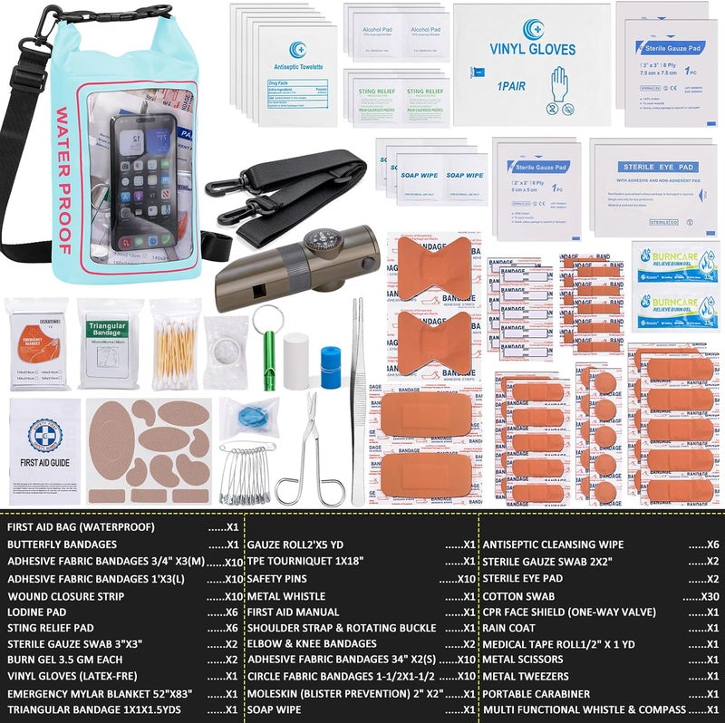 GPUSFAK 154 Pieces Waterproof Boat First Aid Kit Dry Bag with Cell Phone Bug Out Bags Pouch Roll Top Boat Emergency Kit 2-in-1 for Camping Fishing Kayaking Swimming Rafting - Image 2